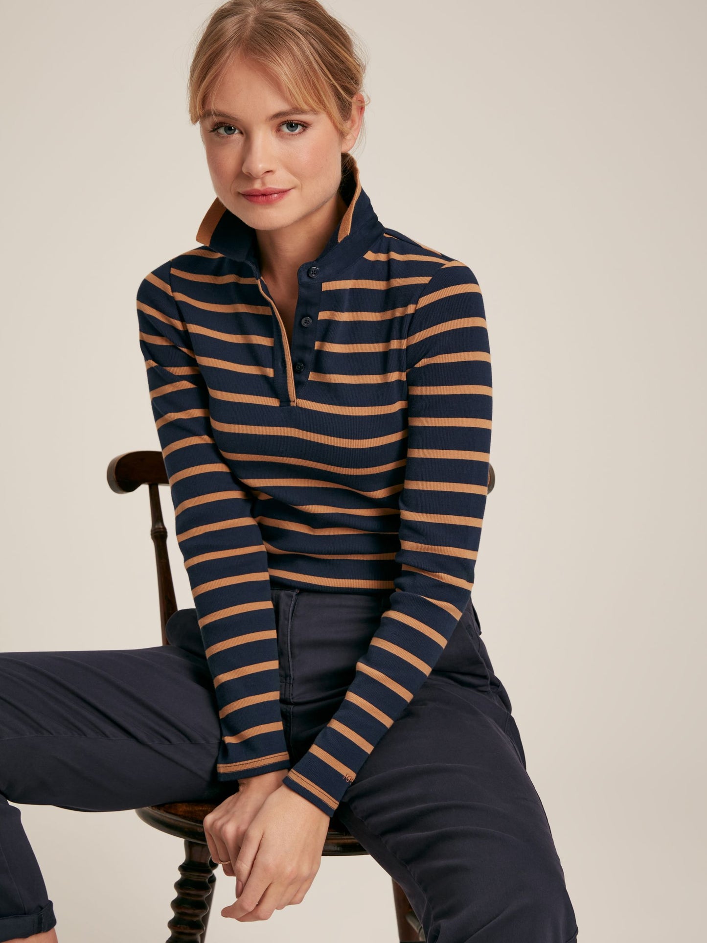 Fairfield Navy & Tan Long Sleeve Ribbed Polo Shirt