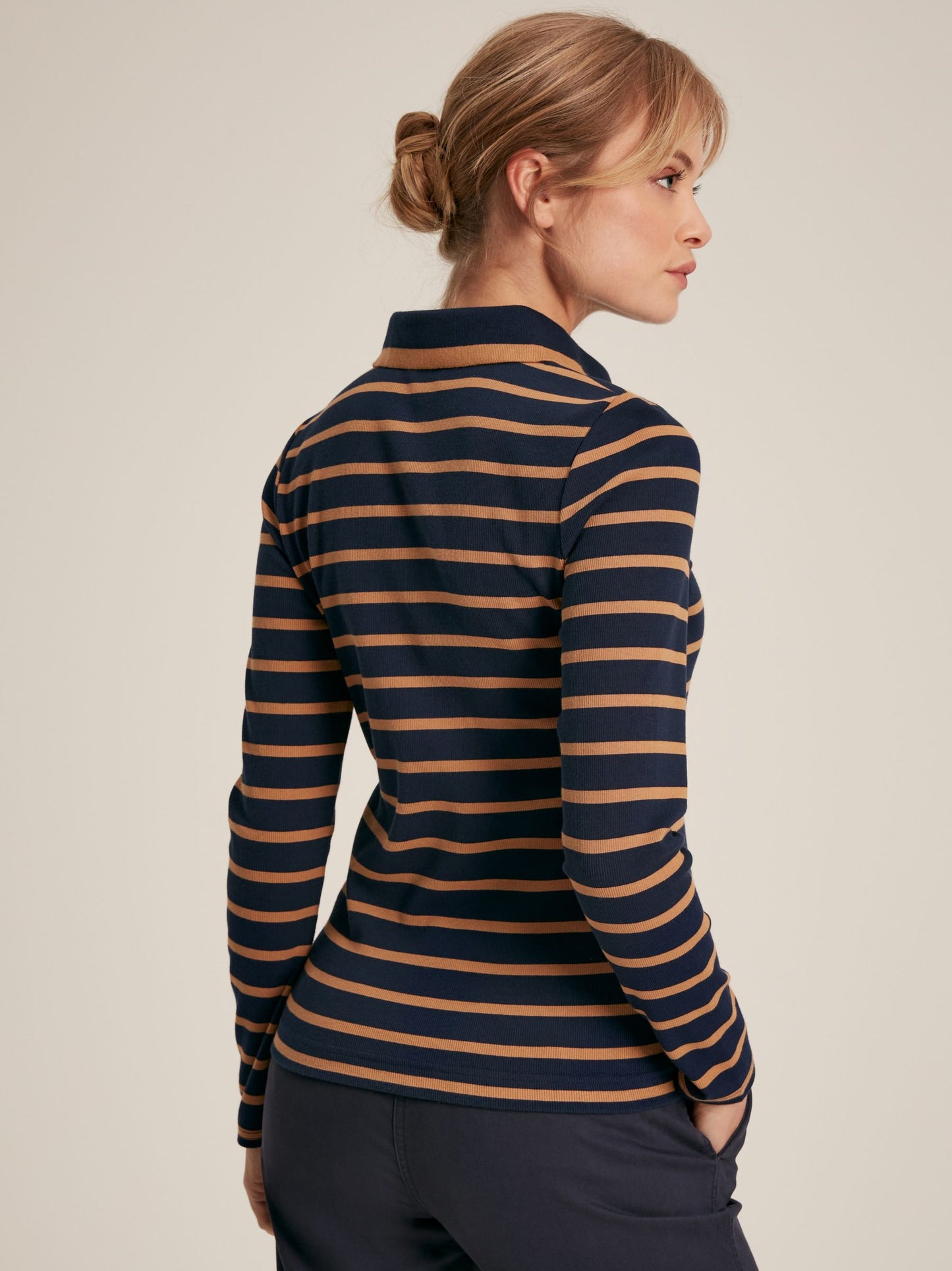 Fairfield Navy & Tan Long Sleeve Ribbed Polo Shirt