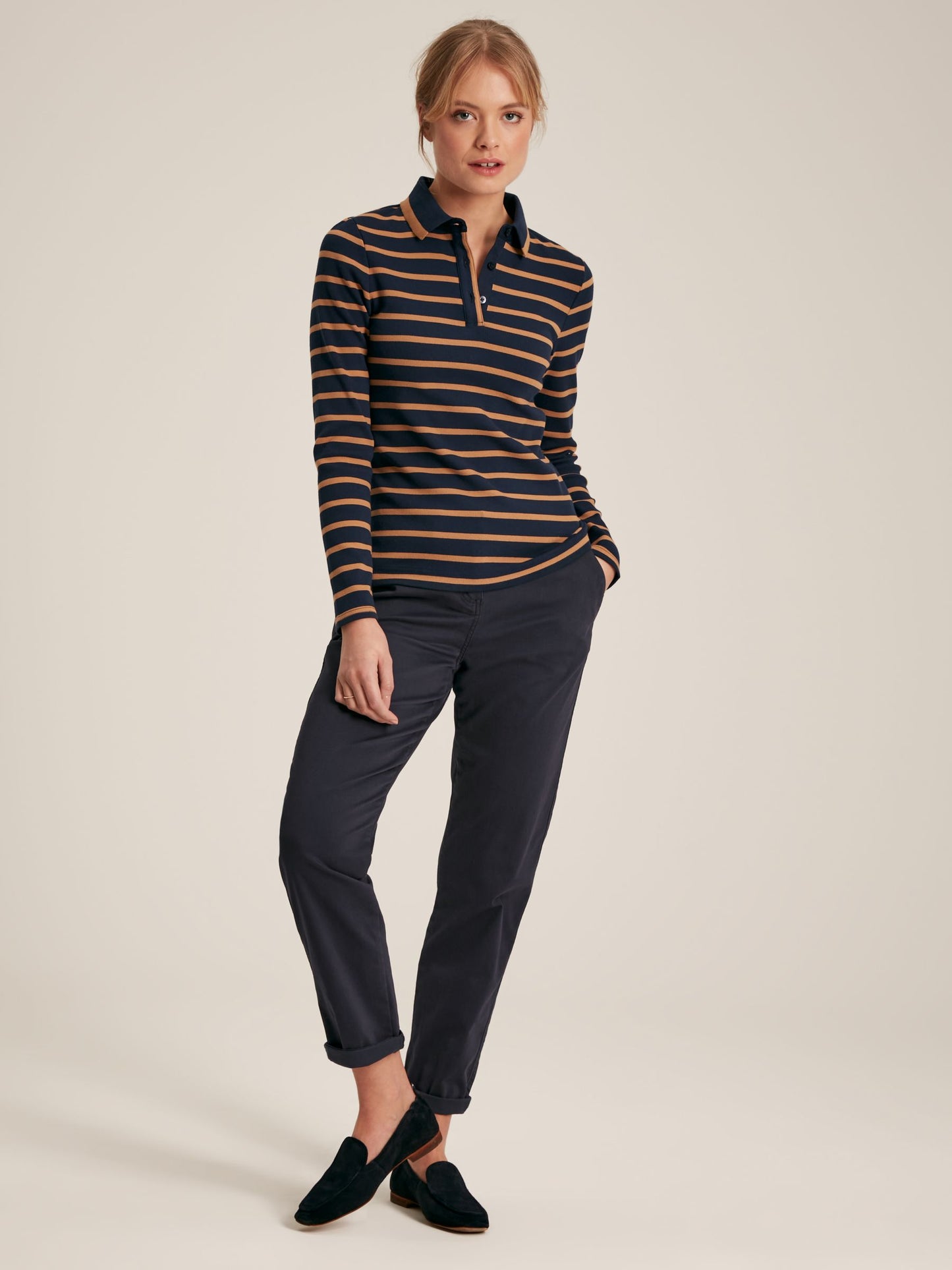 Fairfield Navy & Tan Long Sleeve Ribbed Polo Shirt