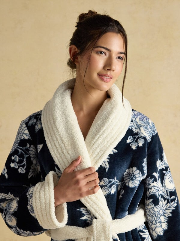 Matilda Navy Flowers Fleece Lined Dressing Gown