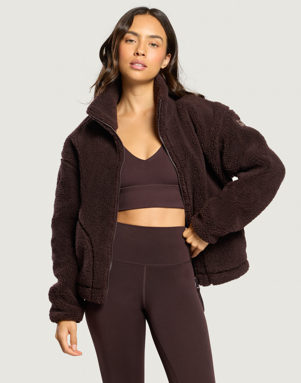 Industry Fleece High Collar Jacket in Mocha Bean