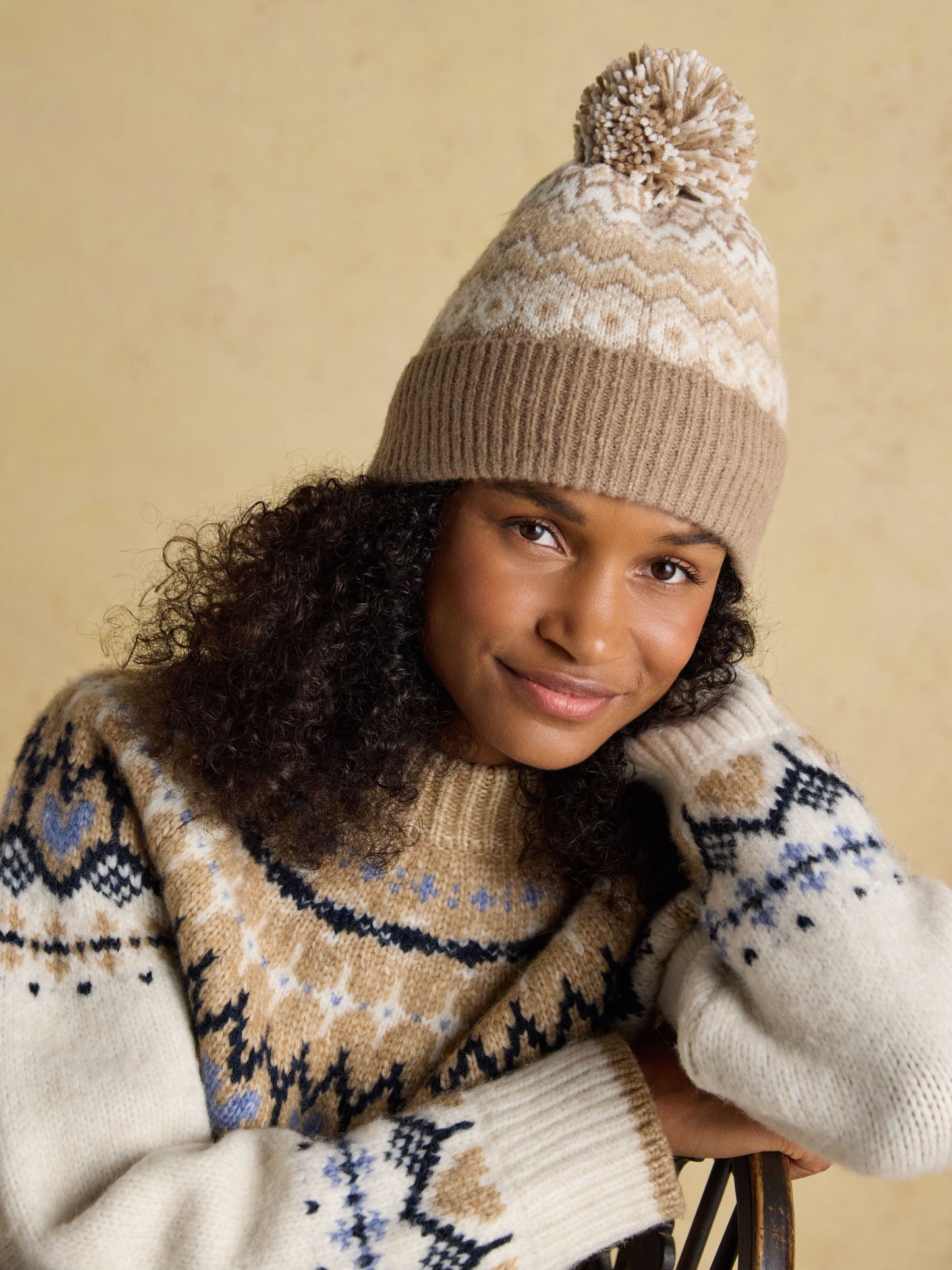 Kara Neutral Fairisle Bobble Beanie Hat