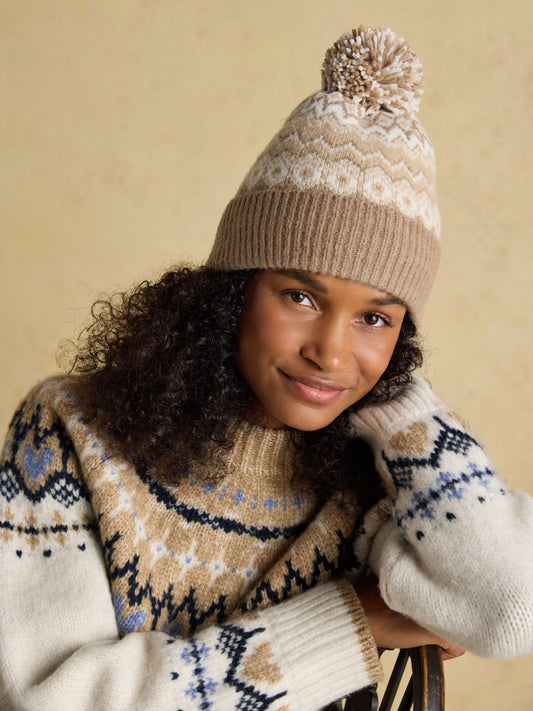 Kara Neutral Fairisle Bobble Beanie Hat