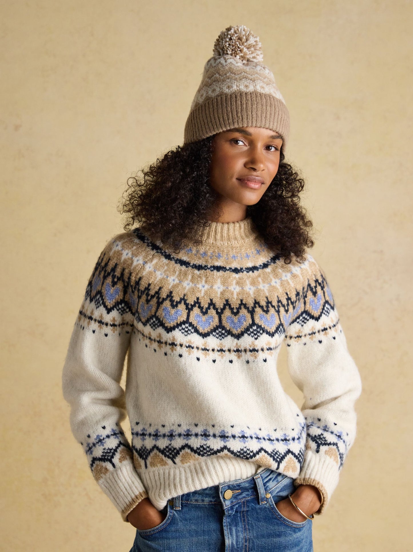 Kara Neutral Fairisle Bobble Beanie Hat