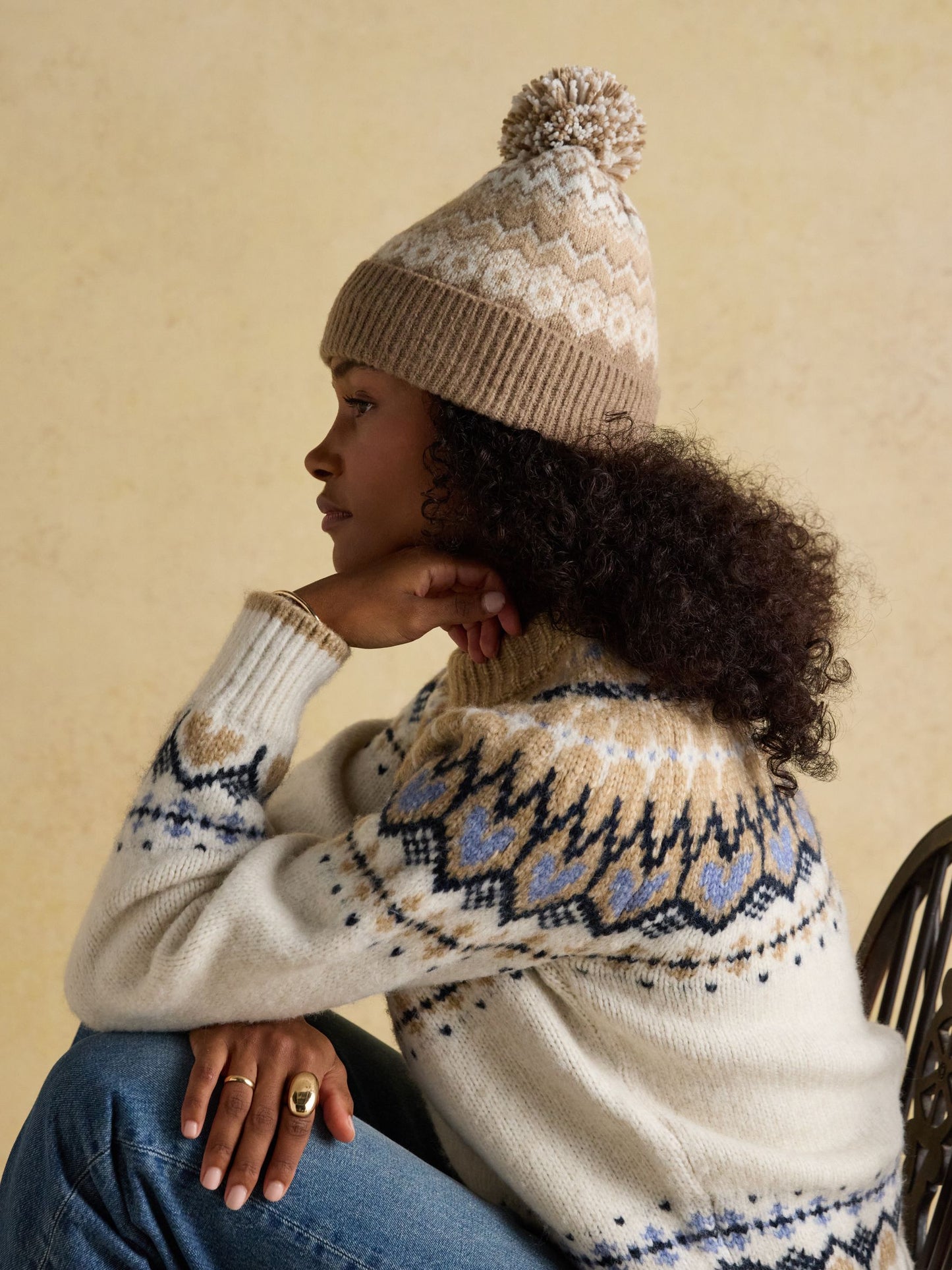 Kara Neutral Fairisle Bobble Beanie Hat