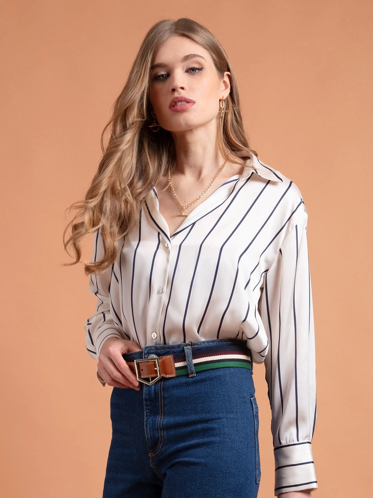 Boston Women’s Belt - Tan Leather & Striped Webbing