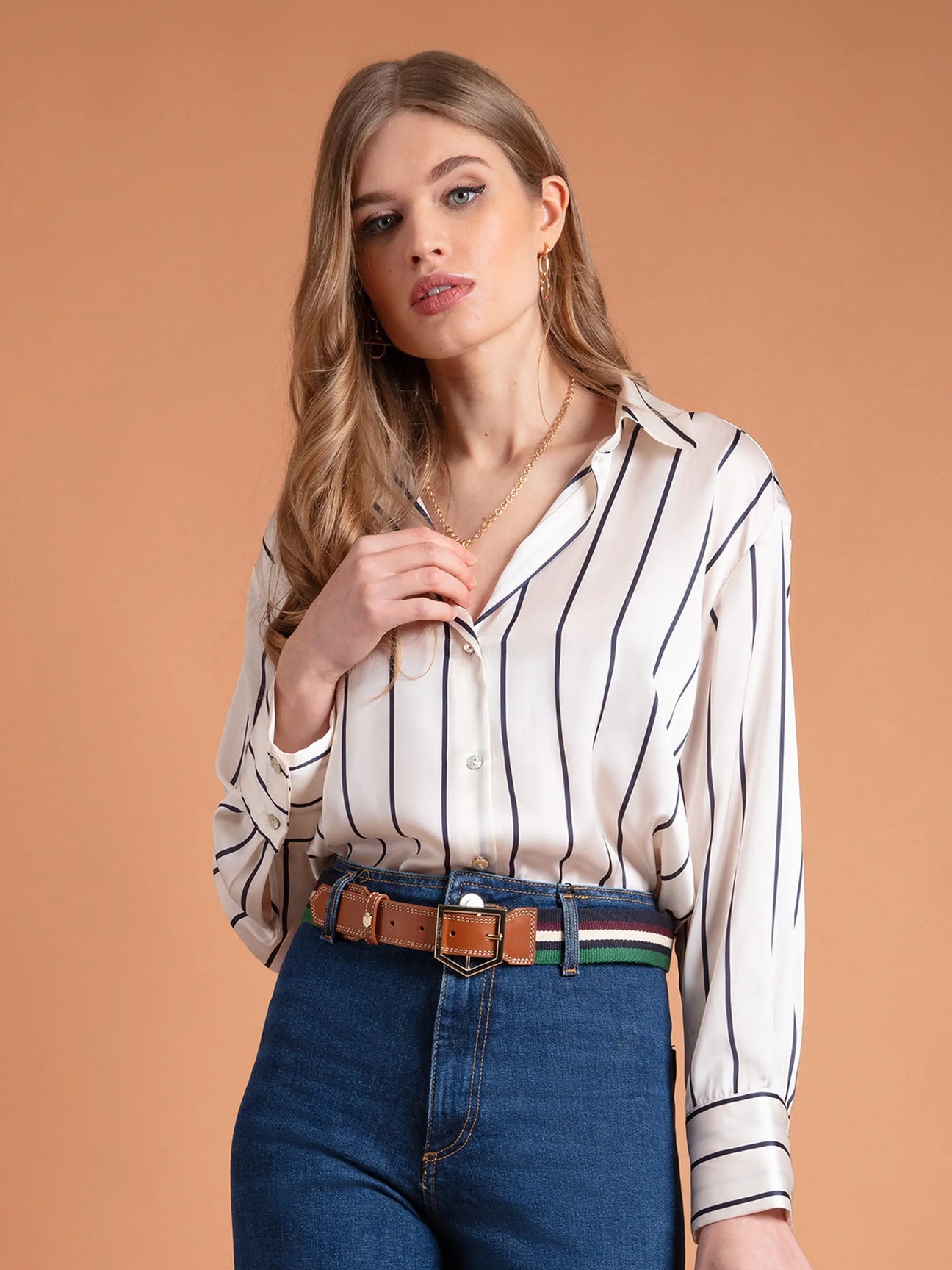 Boston Women’s Belt - Tan Leather & Striped Webbing