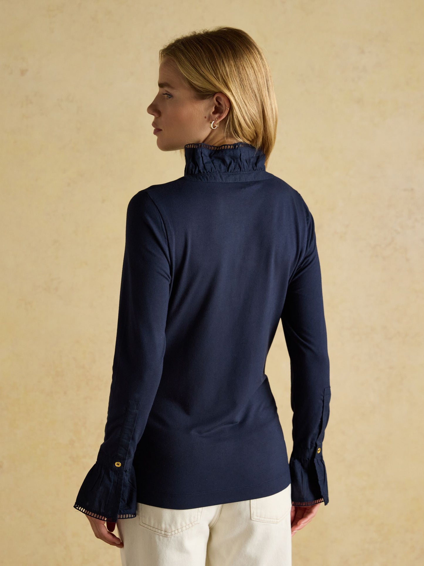 Kate Navy Long Sleeve Frilled Neck Top