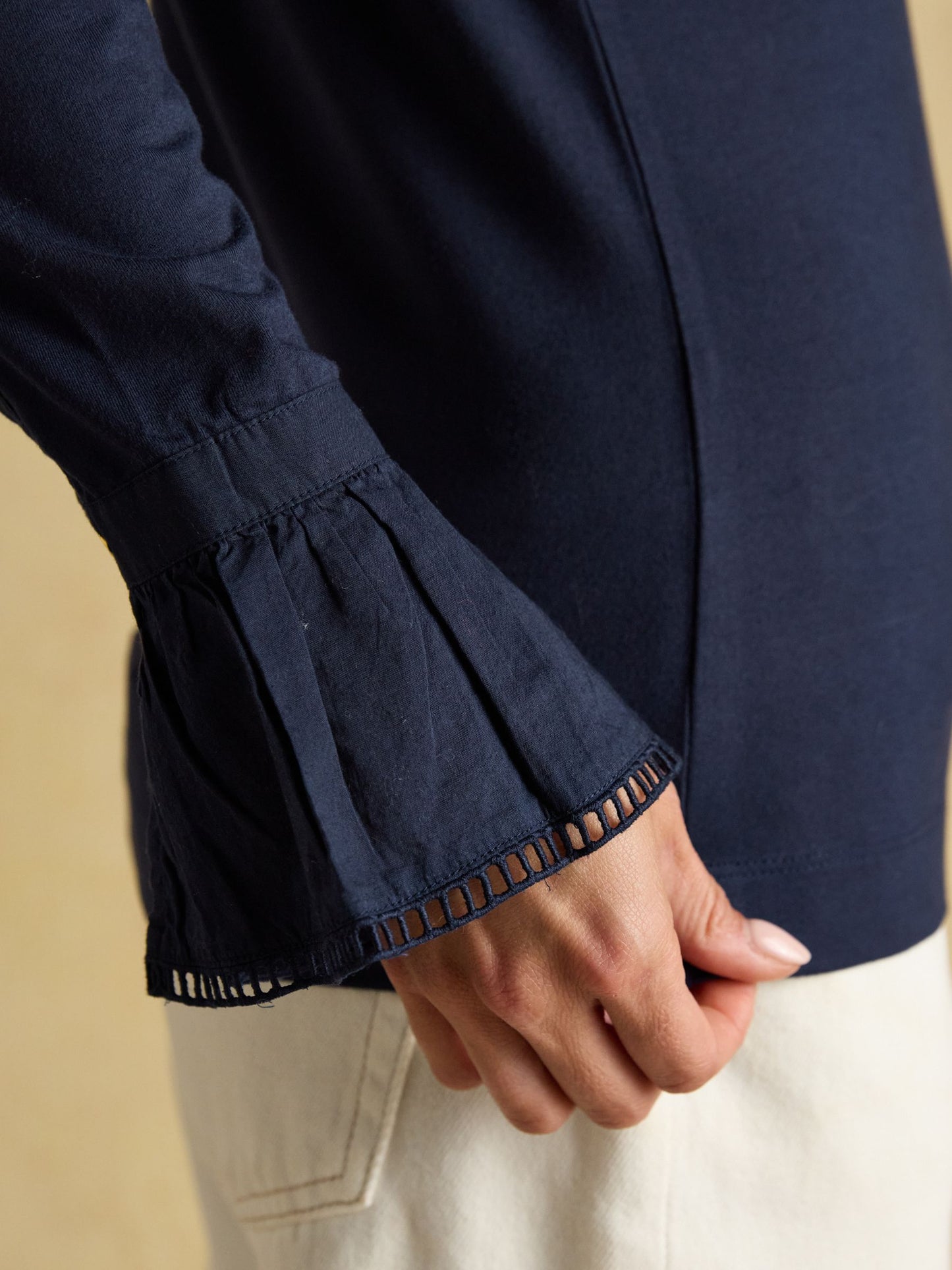 Kate Navy Long Sleeve Frilled Neck Top