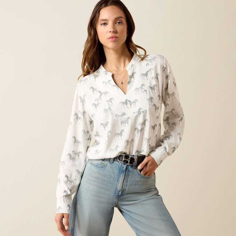 Thornbeck Blouse Grey Horse Print
