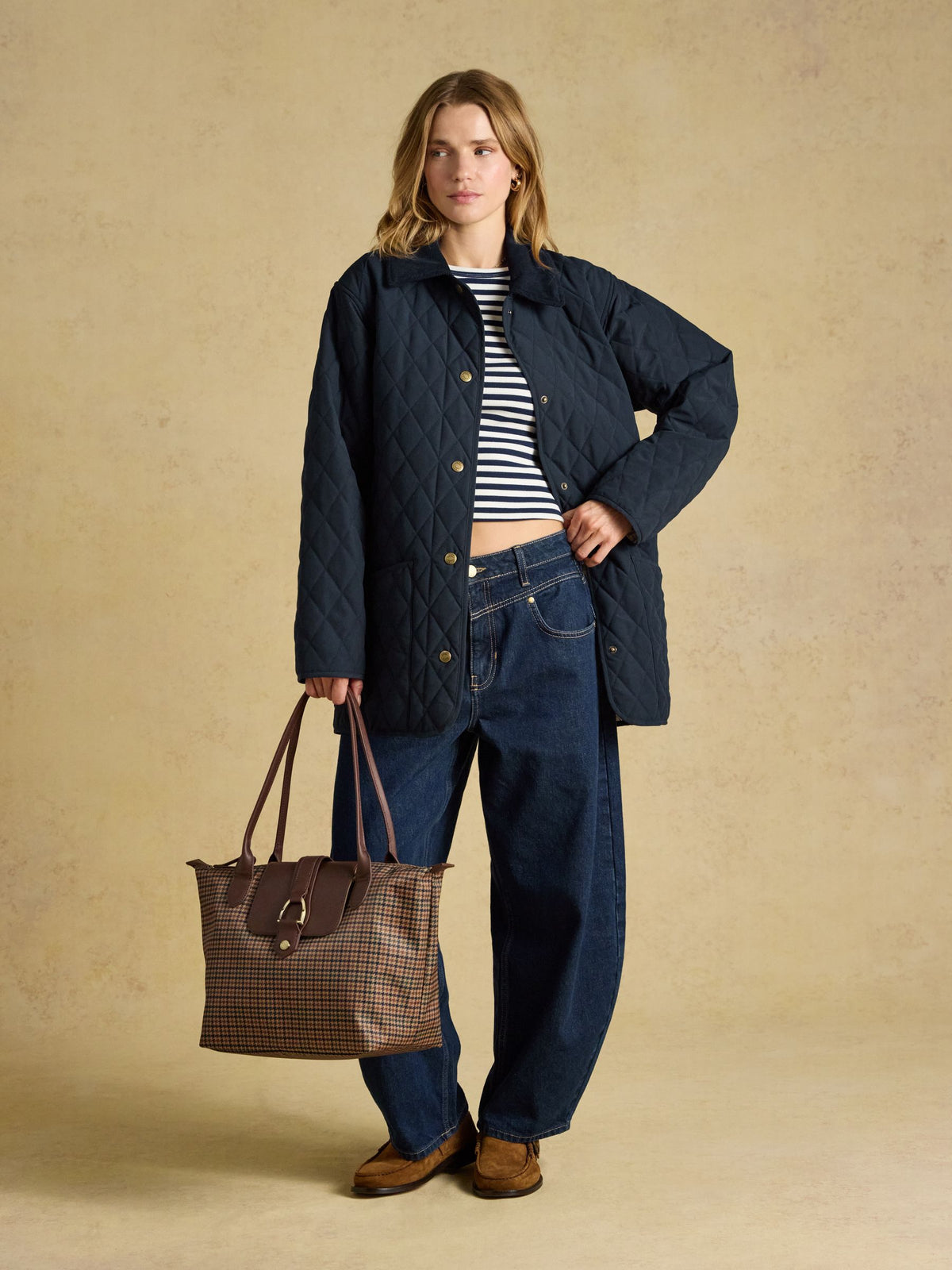 Edie Neutral Check Zip Top Shopper Bag