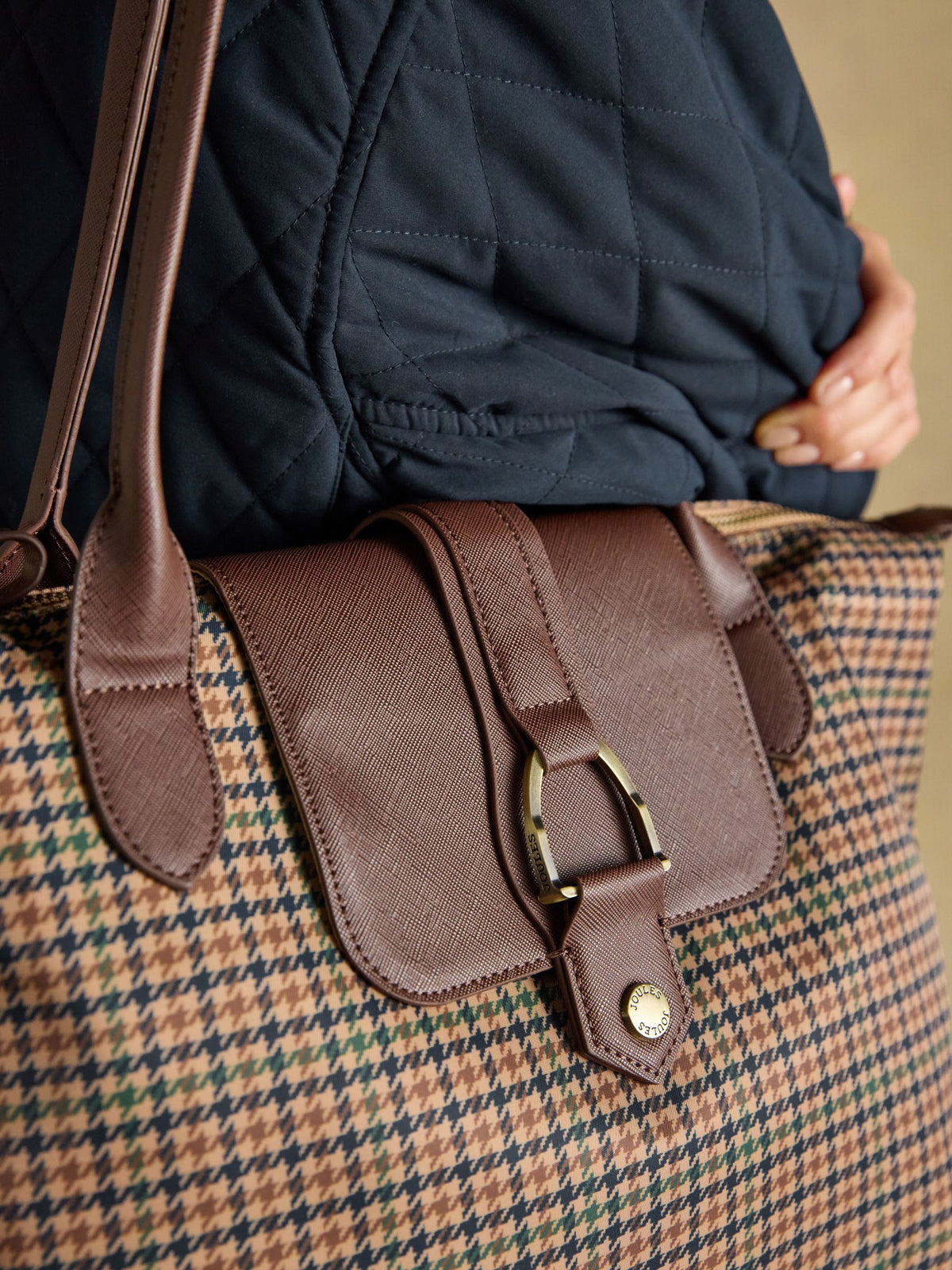Edie Neutral Check Zip Top Shopper Bag
