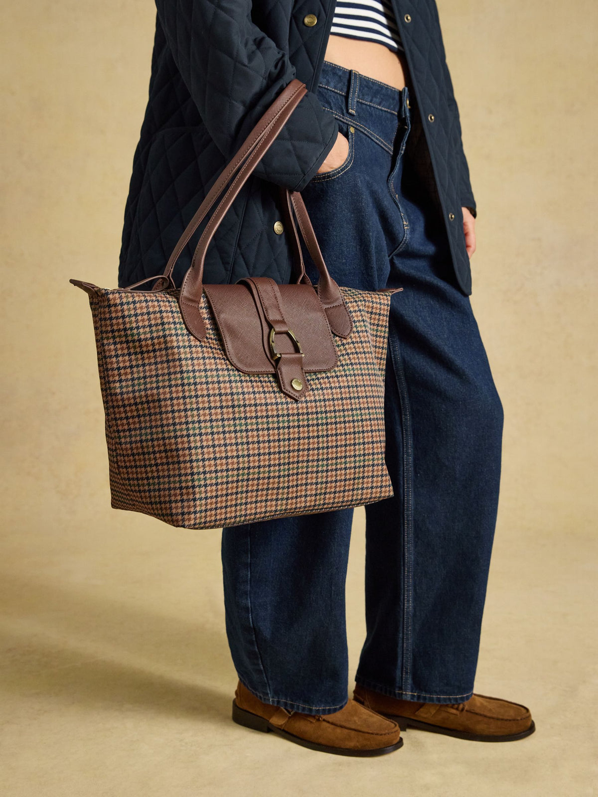 Edie Neutral Check Zip Top Shopper Bag