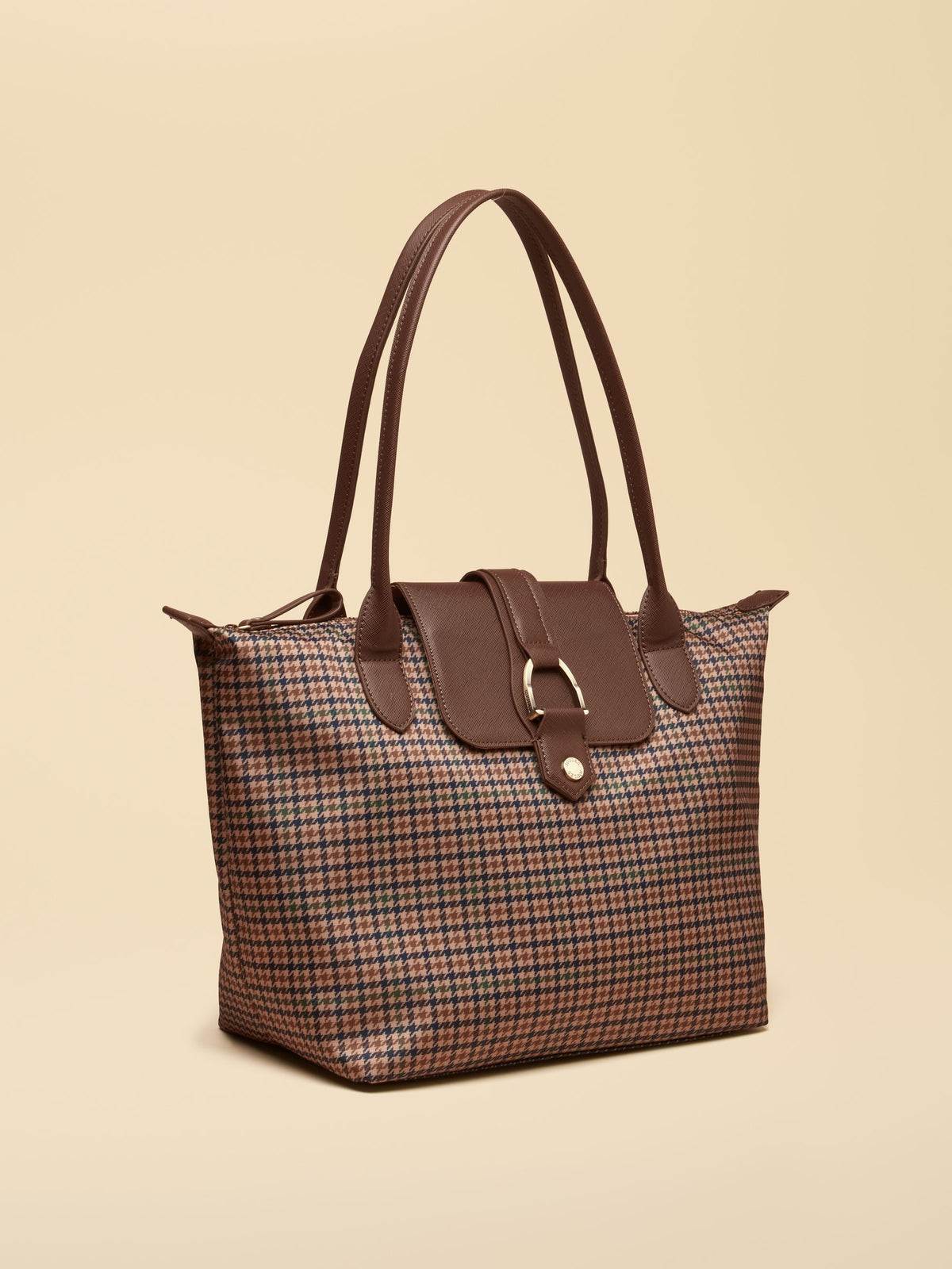 Edie Neutral Check Zip Top Shopper Bag