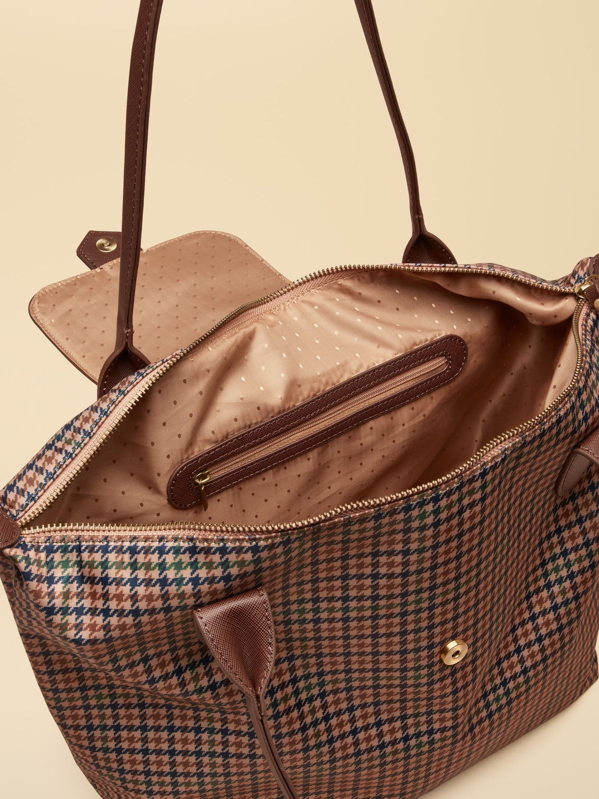 Edie Neutral Check Zip Top Shopper Bag