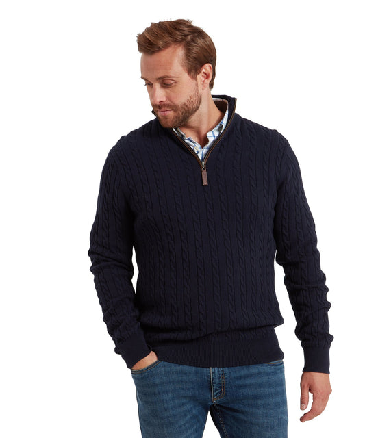 Calton Cotton Cashmere Cable Quarter Zip Jumper Navy