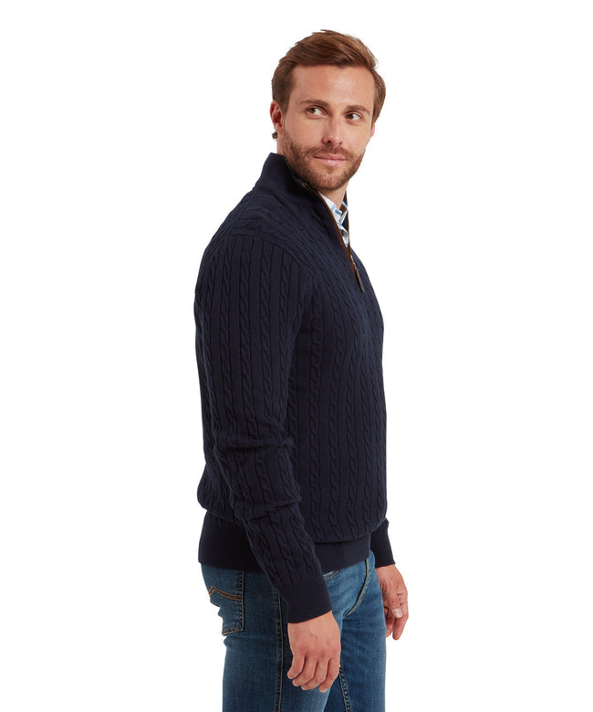 Calton Cotton Cashmere Cable Quarter Zip Jumper Navy