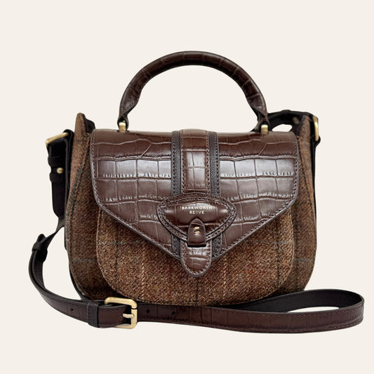 Belton Dark Tweed & Chocolate Brown Croc Leather Saddle Bag