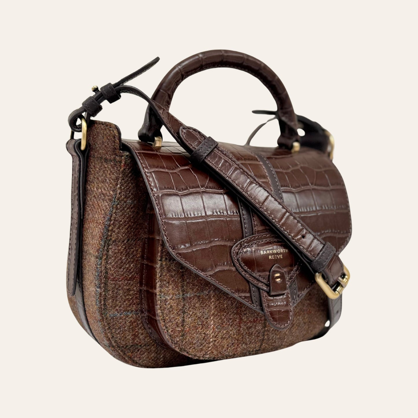 Belton Dark Tweed & Chocolate Brown Croc Leather Saddle Bag