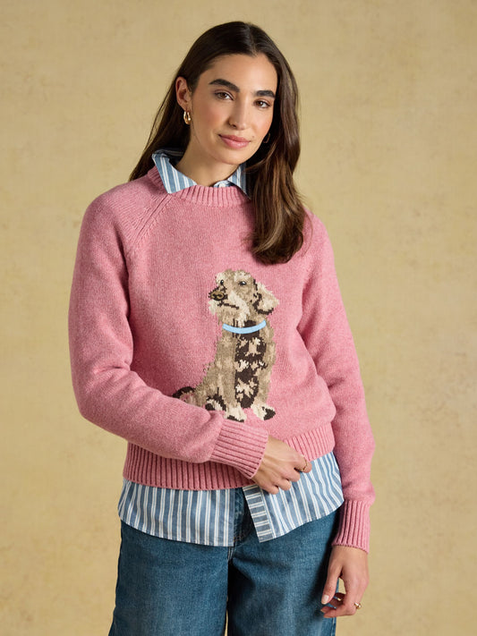 Dachshund Pink Cotton Blend Crew Neck Knitted Jumper