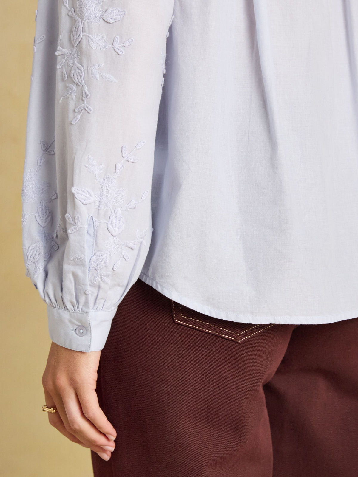 Melanie Light Blue Embroidered Frill Neck Blouse
