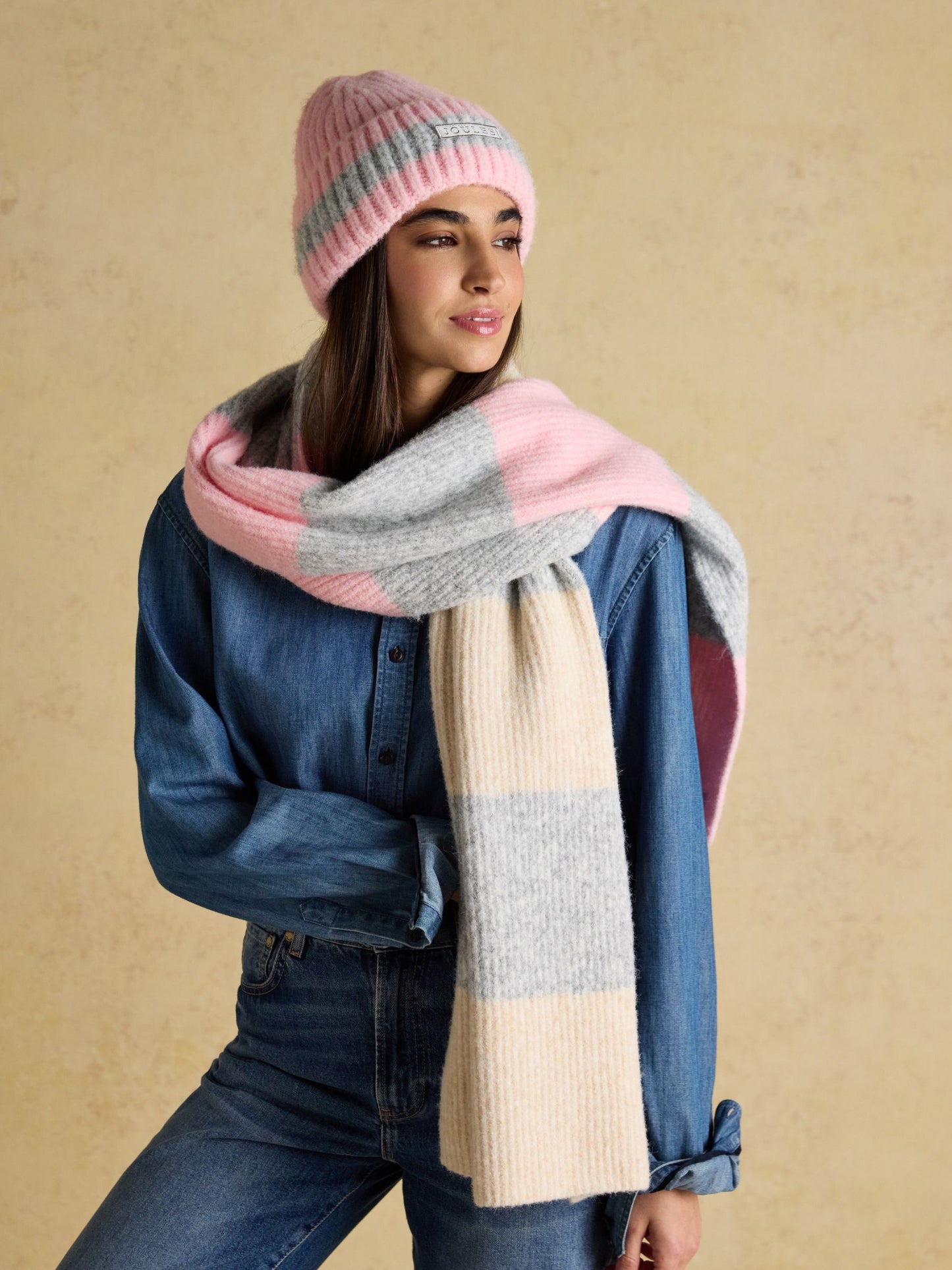 Popley Pink Grey Stripe Beanie
