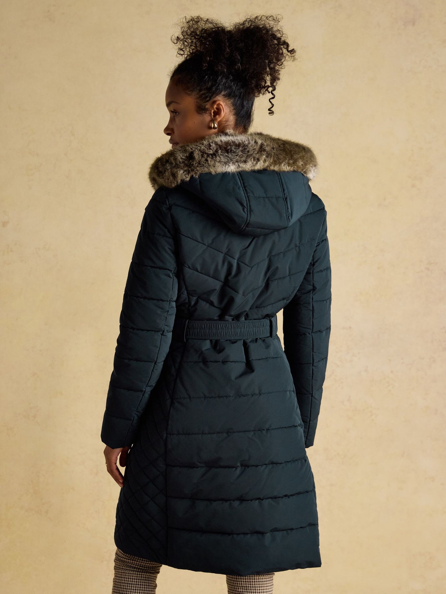 Aspen Navy Showerproof Longline Padded Coat with Faux Fur Hood