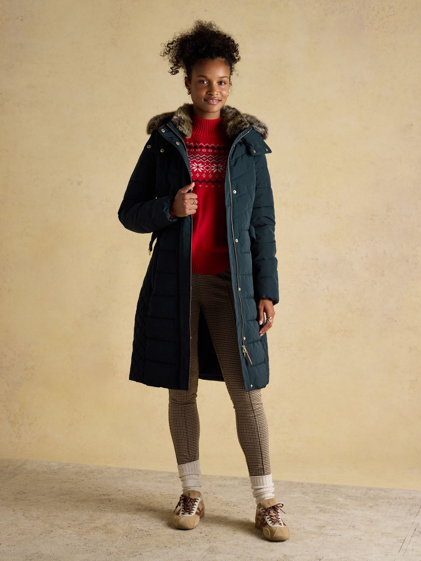 Aspen Navy Showerproof Longline Padded Coat with Faux Fur Hood