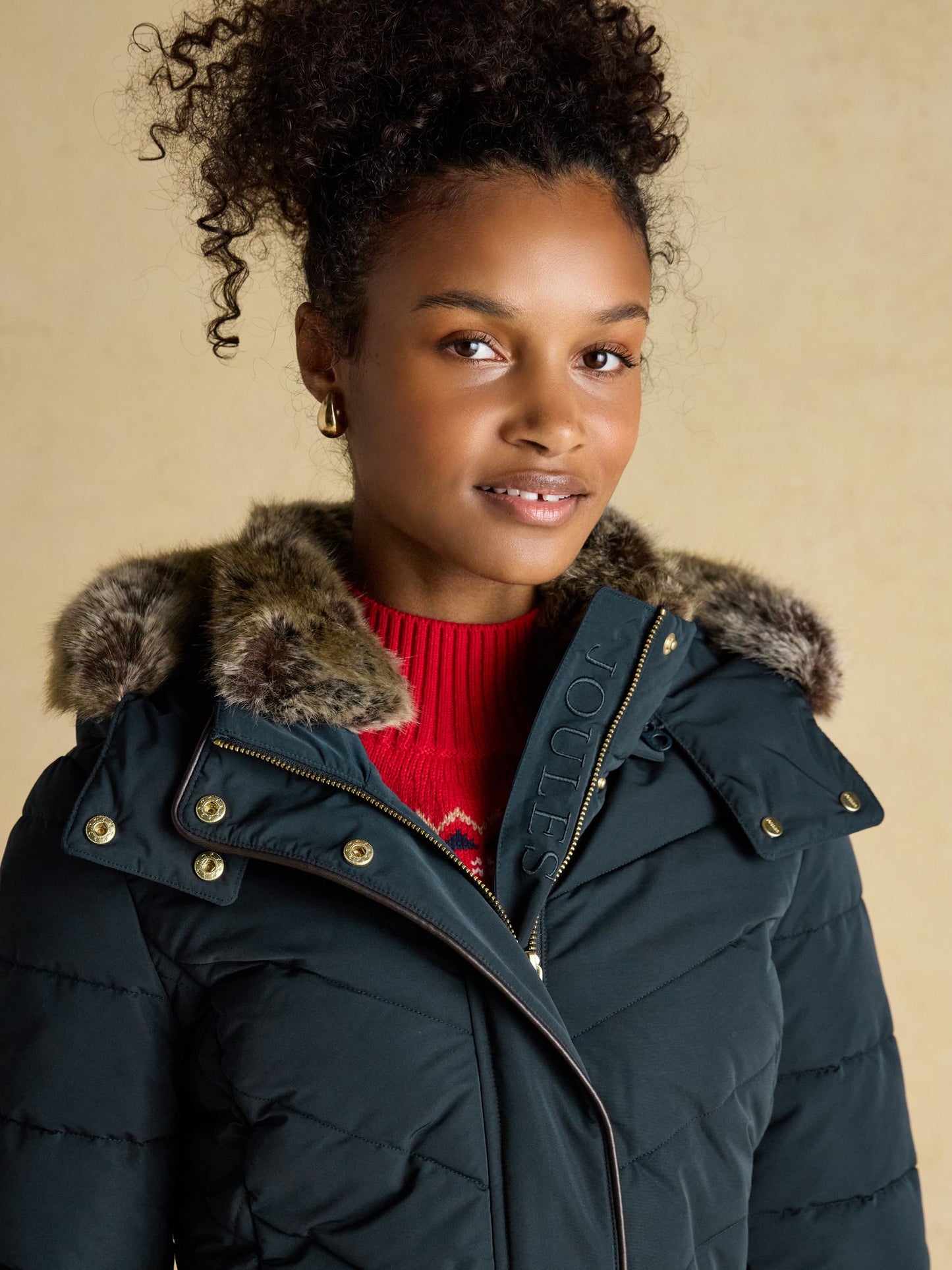 Aspen Navy Showerproof Longline Padded Coat with Faux Fur Hood