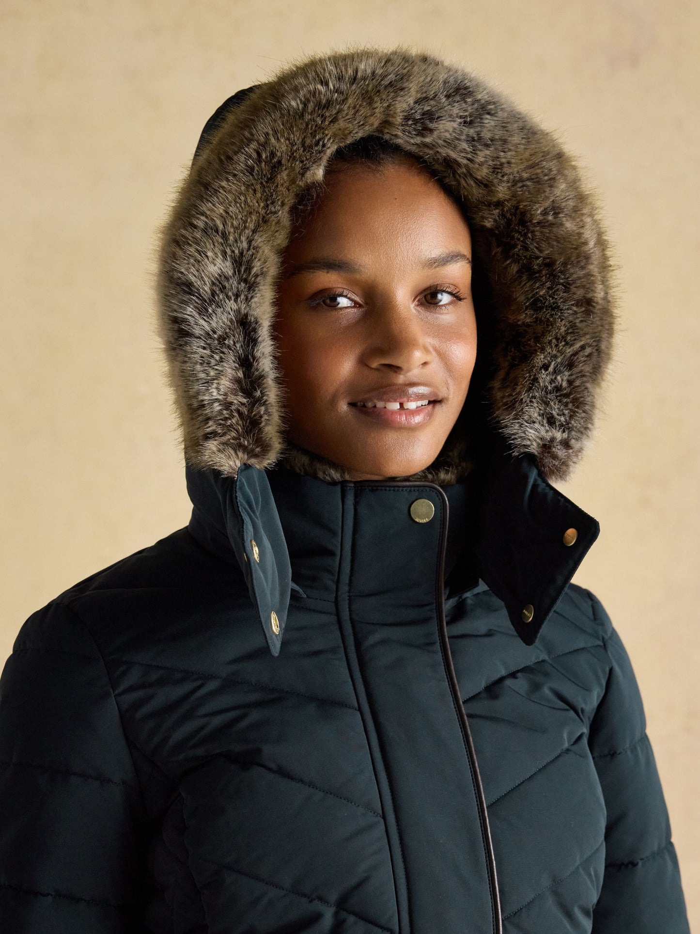 Aspen Navy Showerproof Longline Padded Coat with Faux Fur Hood
