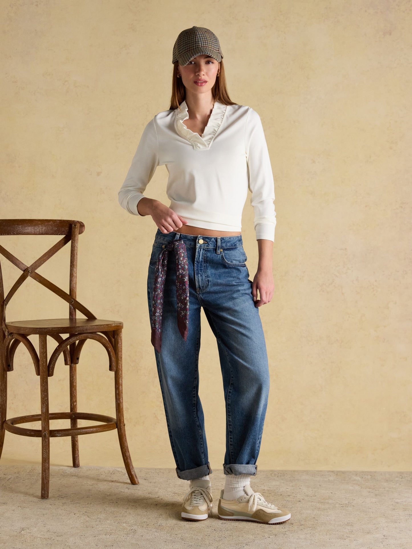 Heidi Cream Frill Neck Jersey Fitted Top