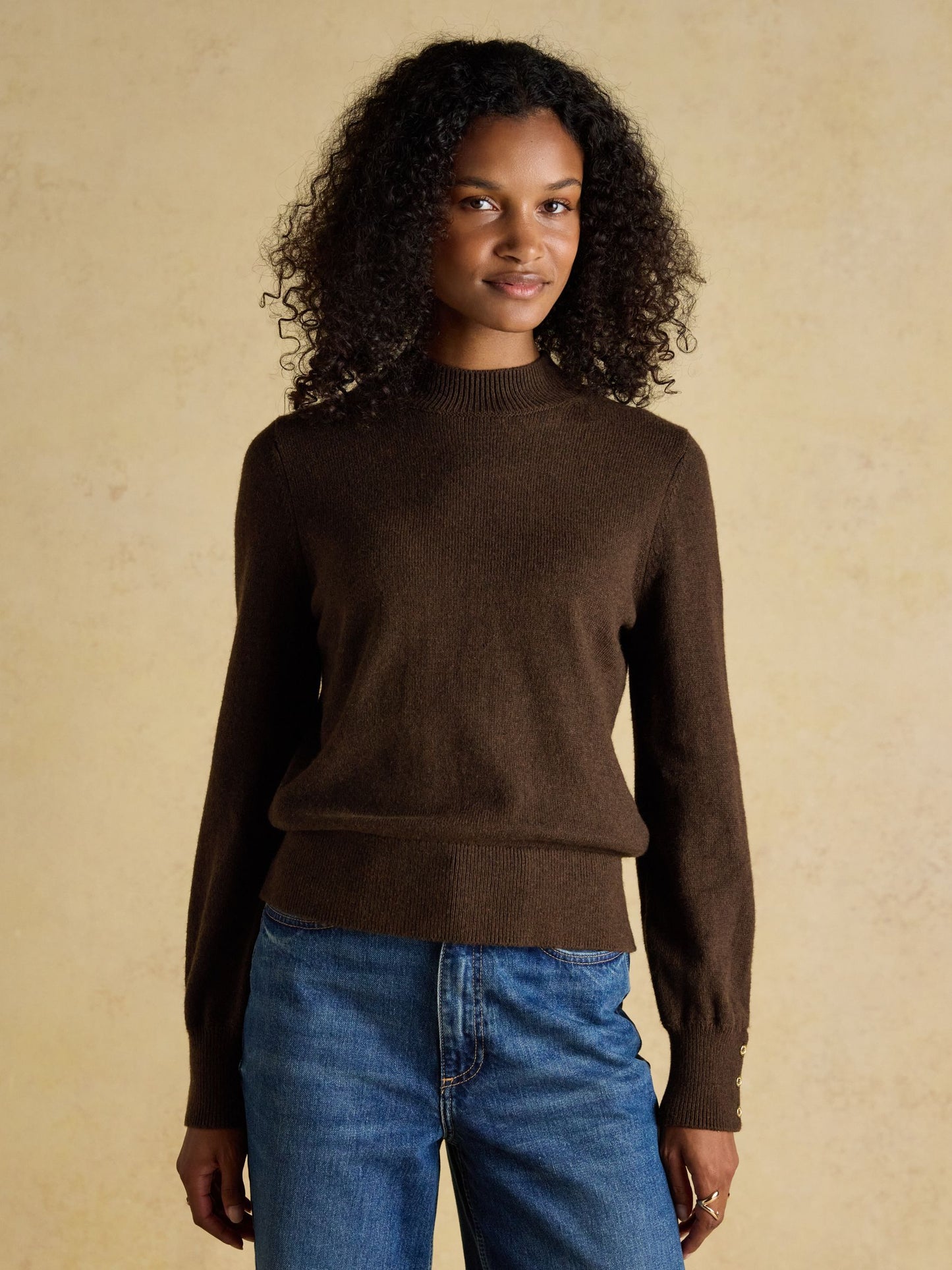 Enid Chocolate Brown Cotton-Rich High Neck Jumper
