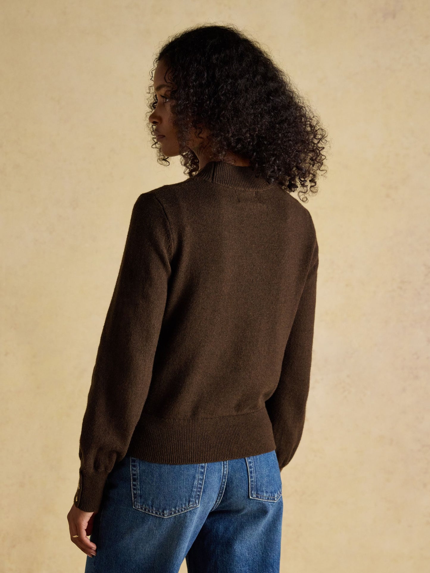 Enid Chocolate Brown Cotton-Rich High Neck Jumper