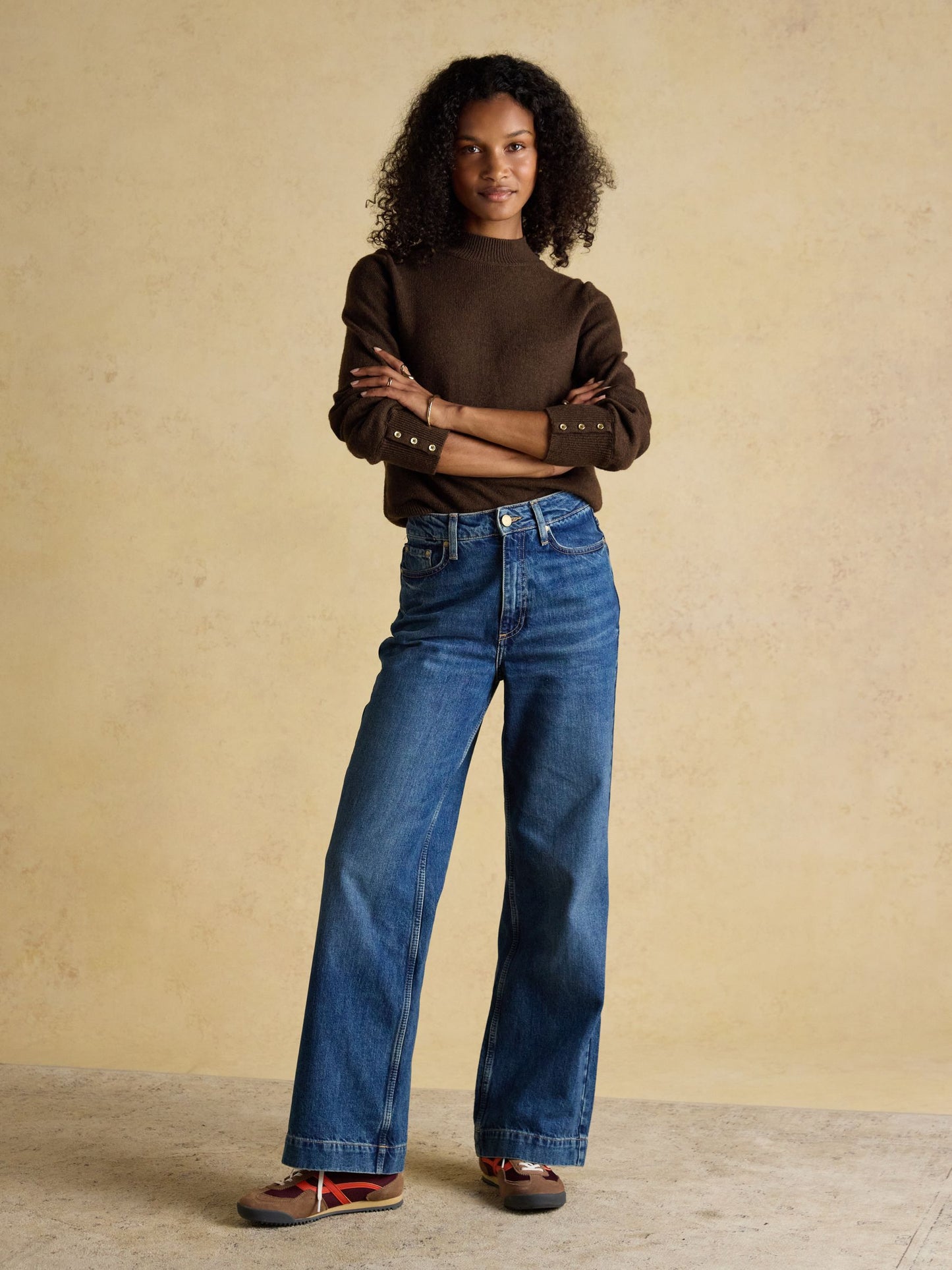 Enid Chocolate Brown Cotton-Rich High Neck Jumper