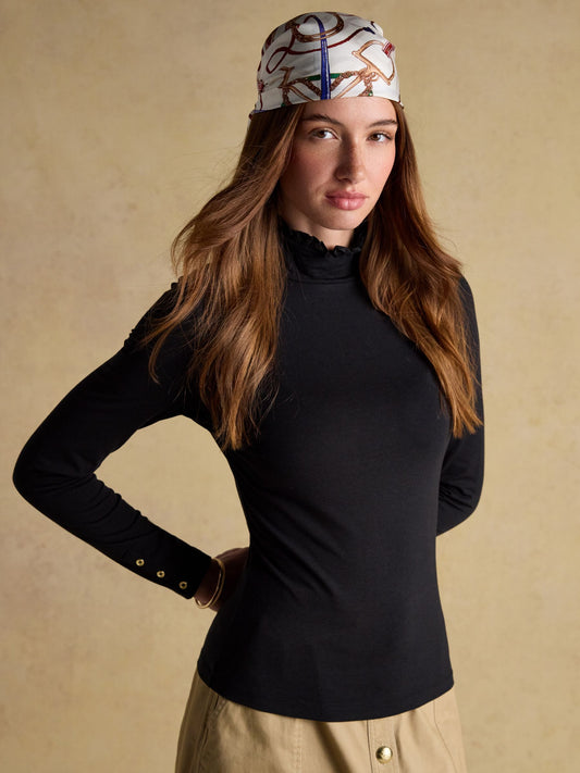 Amy Black Long Sleeve High Frill Neck Jersey Top