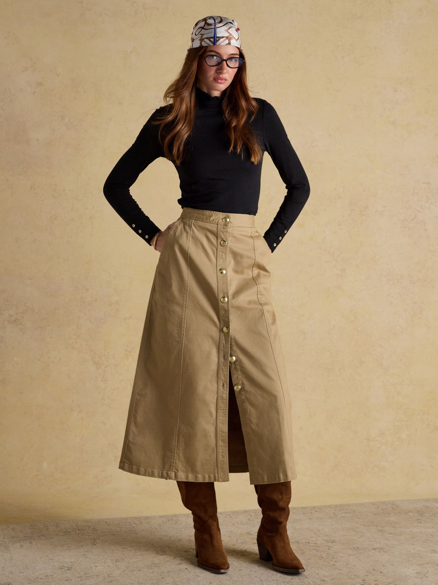 Amy Black Long Sleeve High Frill Neck Jersey Top