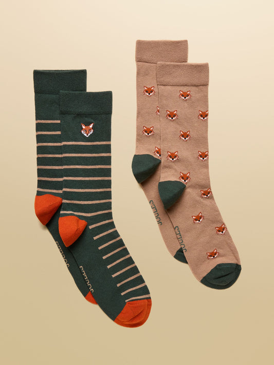 Men's Kingsbury Green & Orange Fox Socks 2 Pack (size 7-12)