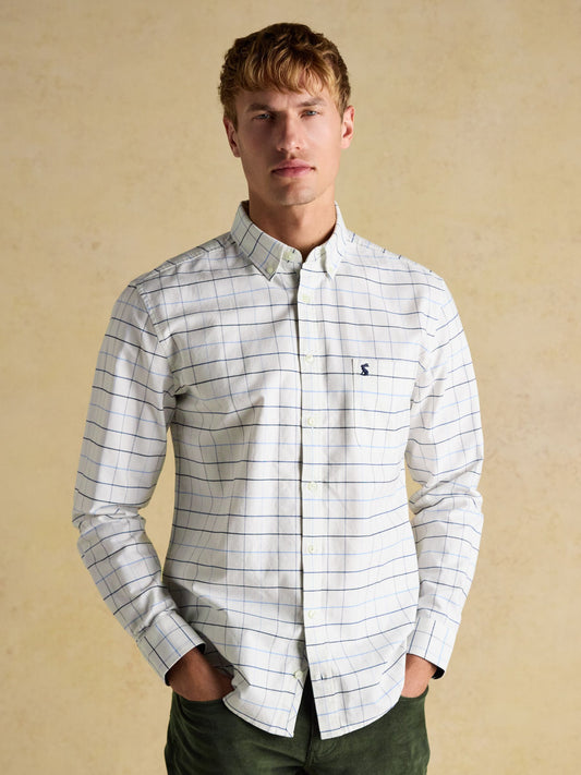 Oxford Classic Fit White Blue Check Long Sleeve Cotton Shirt