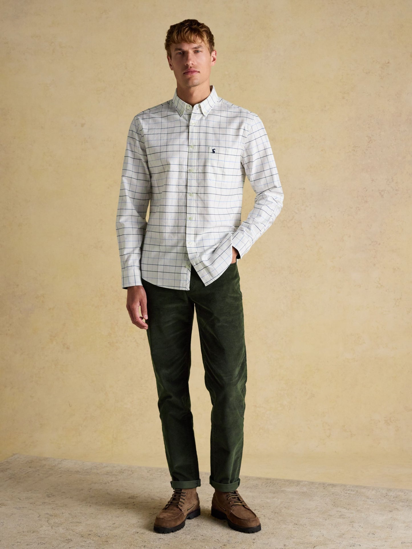 Oxford Classic Fit White Blue Check Long Sleeve Cotton Shirt