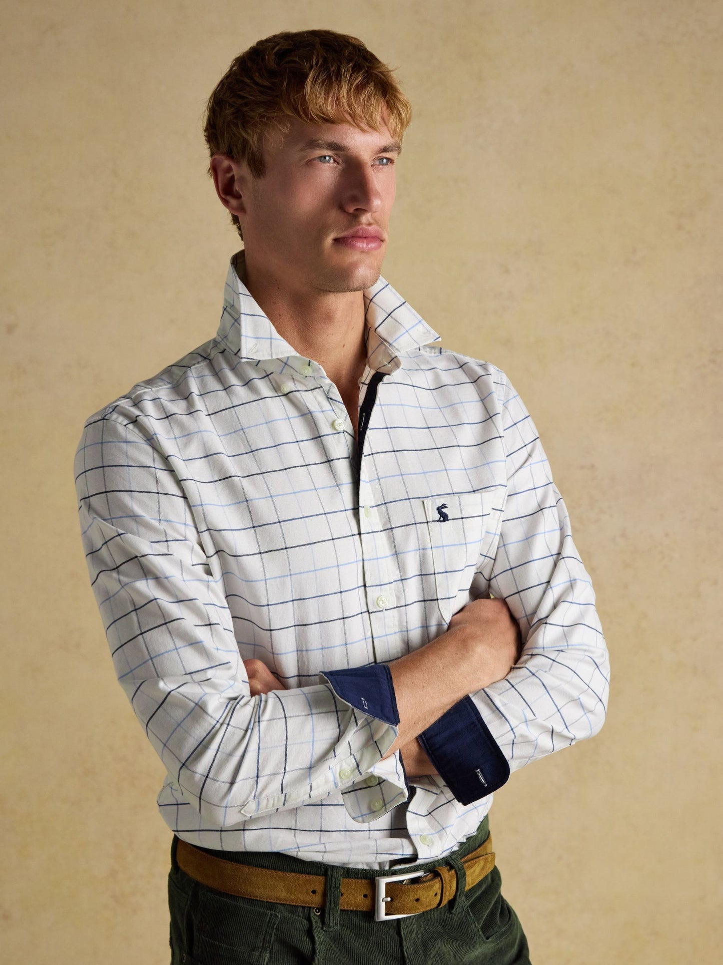 Oxford Classic Fit White Blue Check Long Sleeve Cotton Shirt