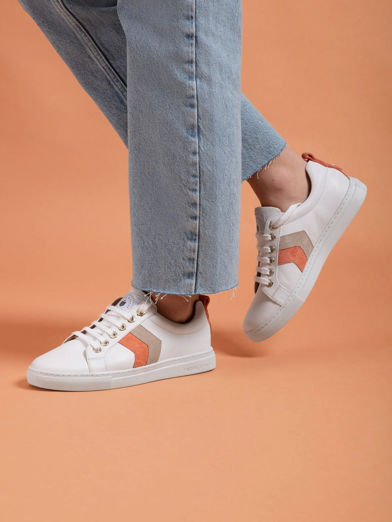 Alexandra Women's Trainer - White Leather with Melon & Stone Suede