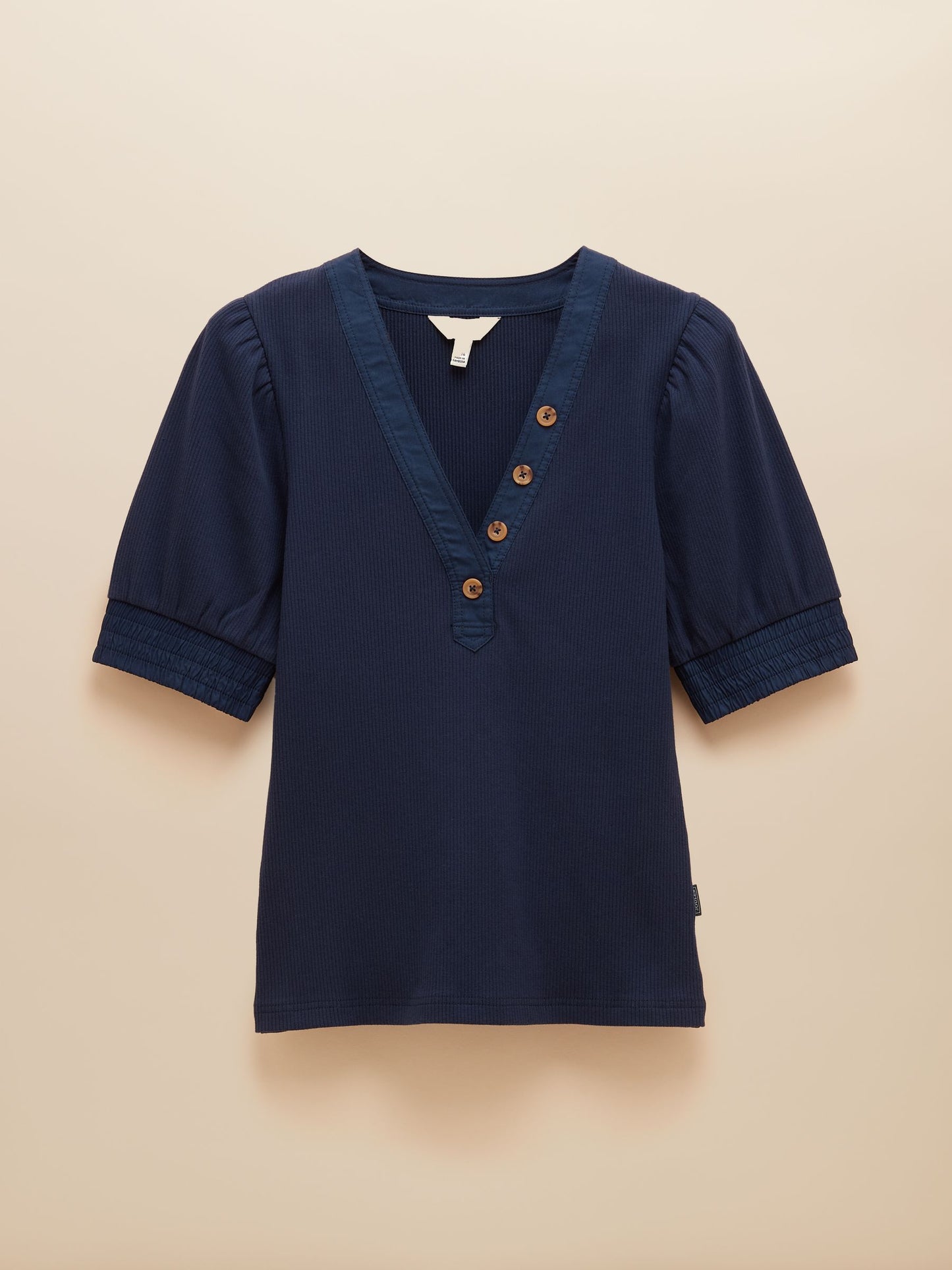 Tabitha Navy Blue Ribbed V Neck Top With Puff Sleeves