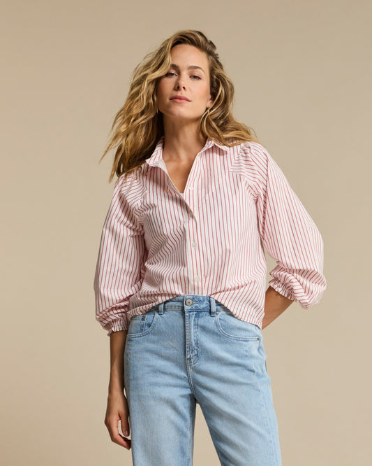 Victoria Poplin Stripe Long SL Red