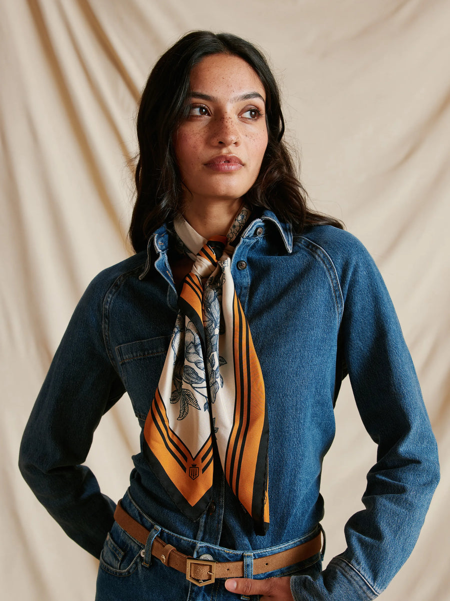 Mannington Off White, Navy, Orange Silk Scarf