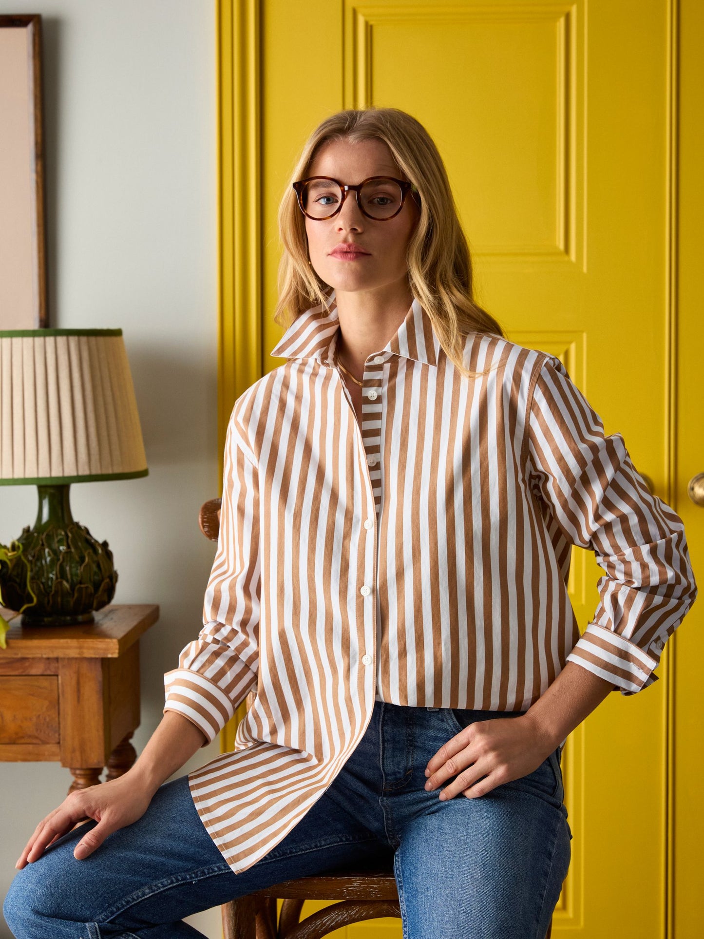 Amilla Tan & White Stripe Longline Relaxed Fit Shirt