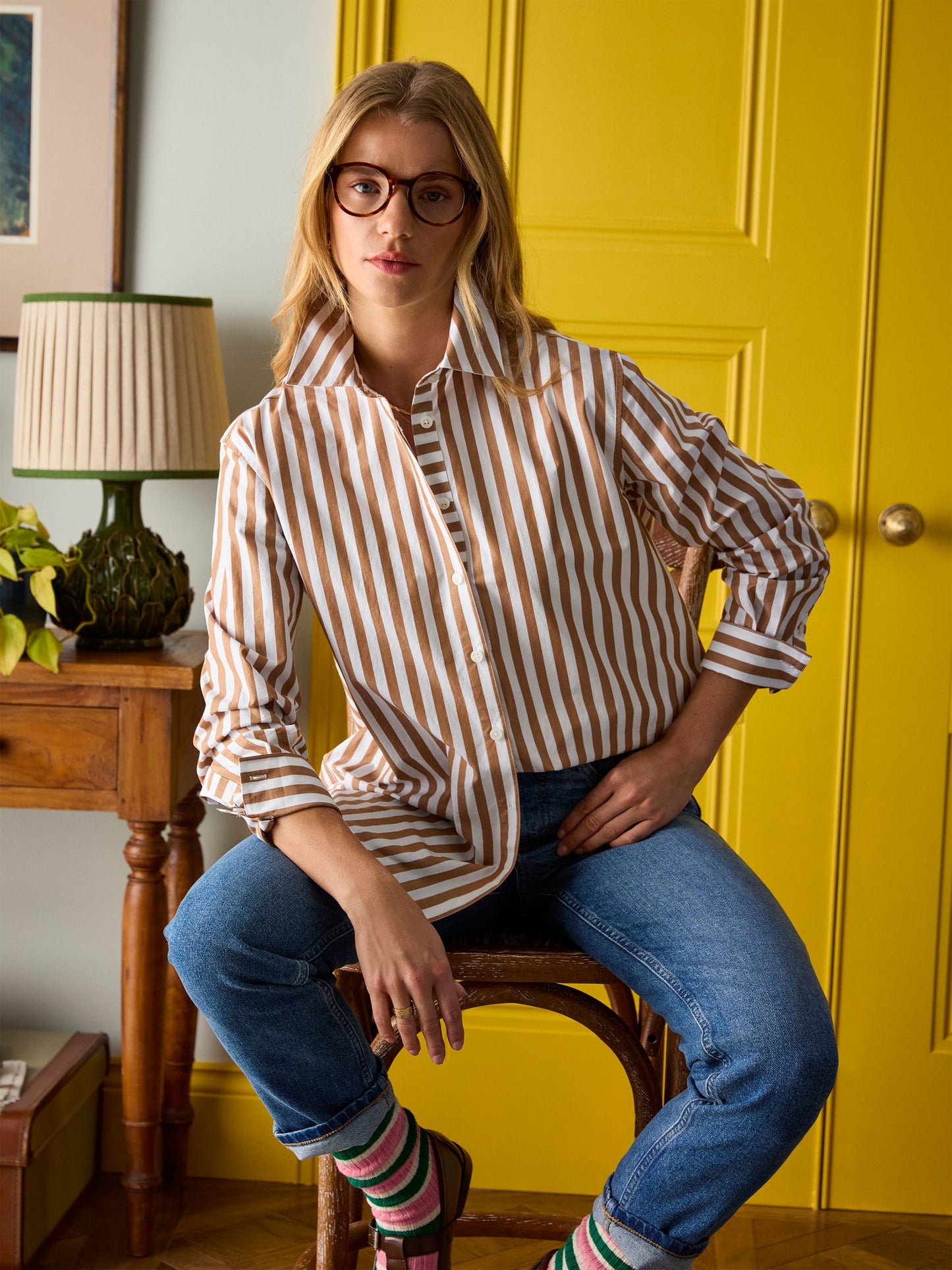 Amilla Tan & White Stripe Longline Relaxed Fit Shirt
