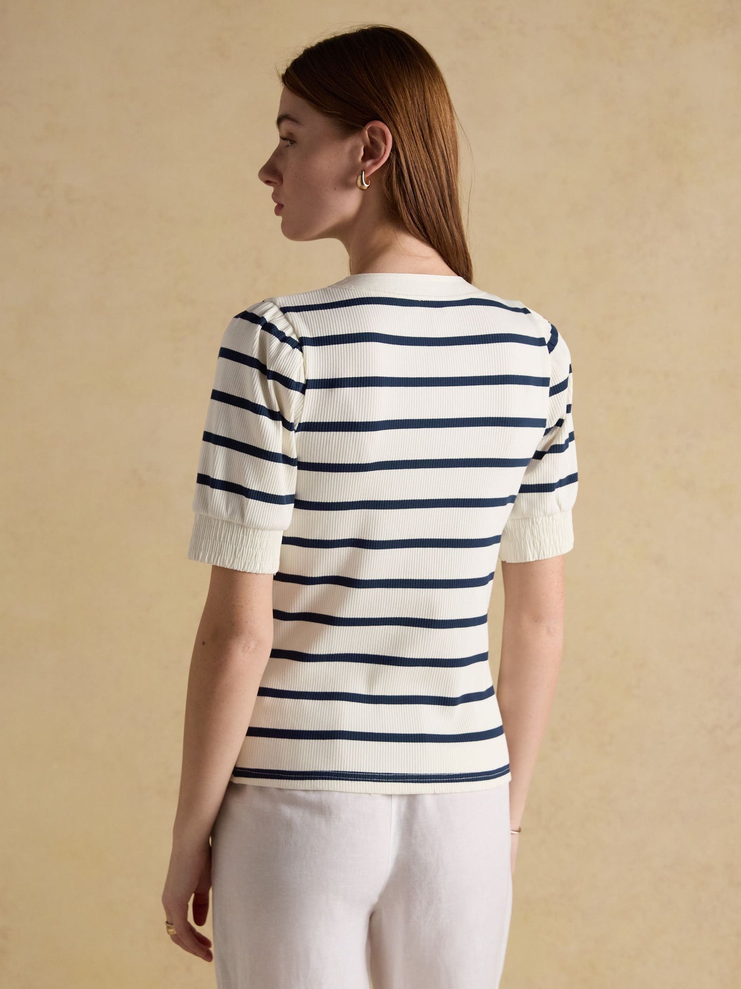 Tabitha Navy Stripe Ribbed V-Neck Jersey Top with Puff Sleeves
