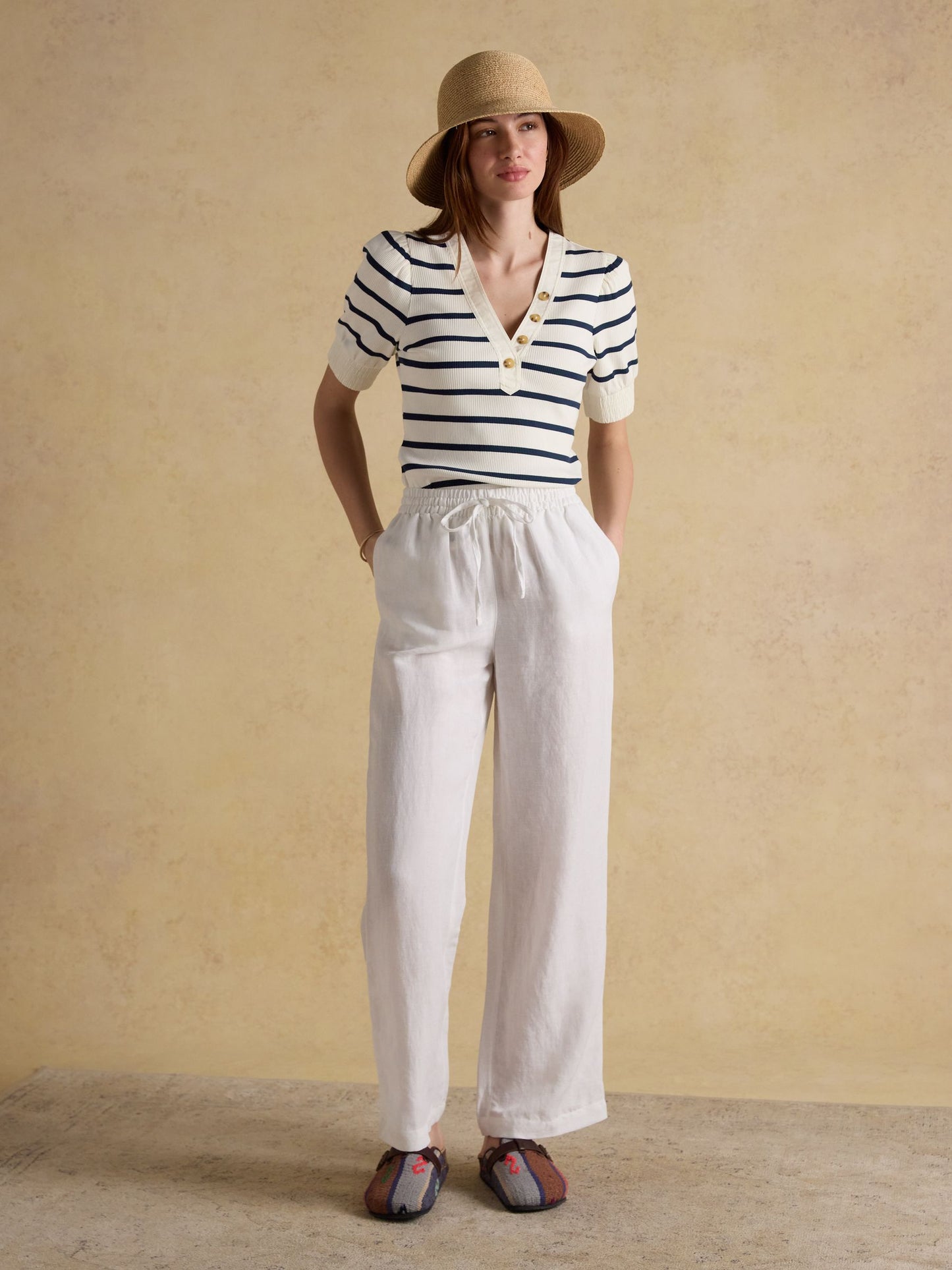 Tabitha Navy Stripe Ribbed V-Neck Jersey Top with Puff Sleeves