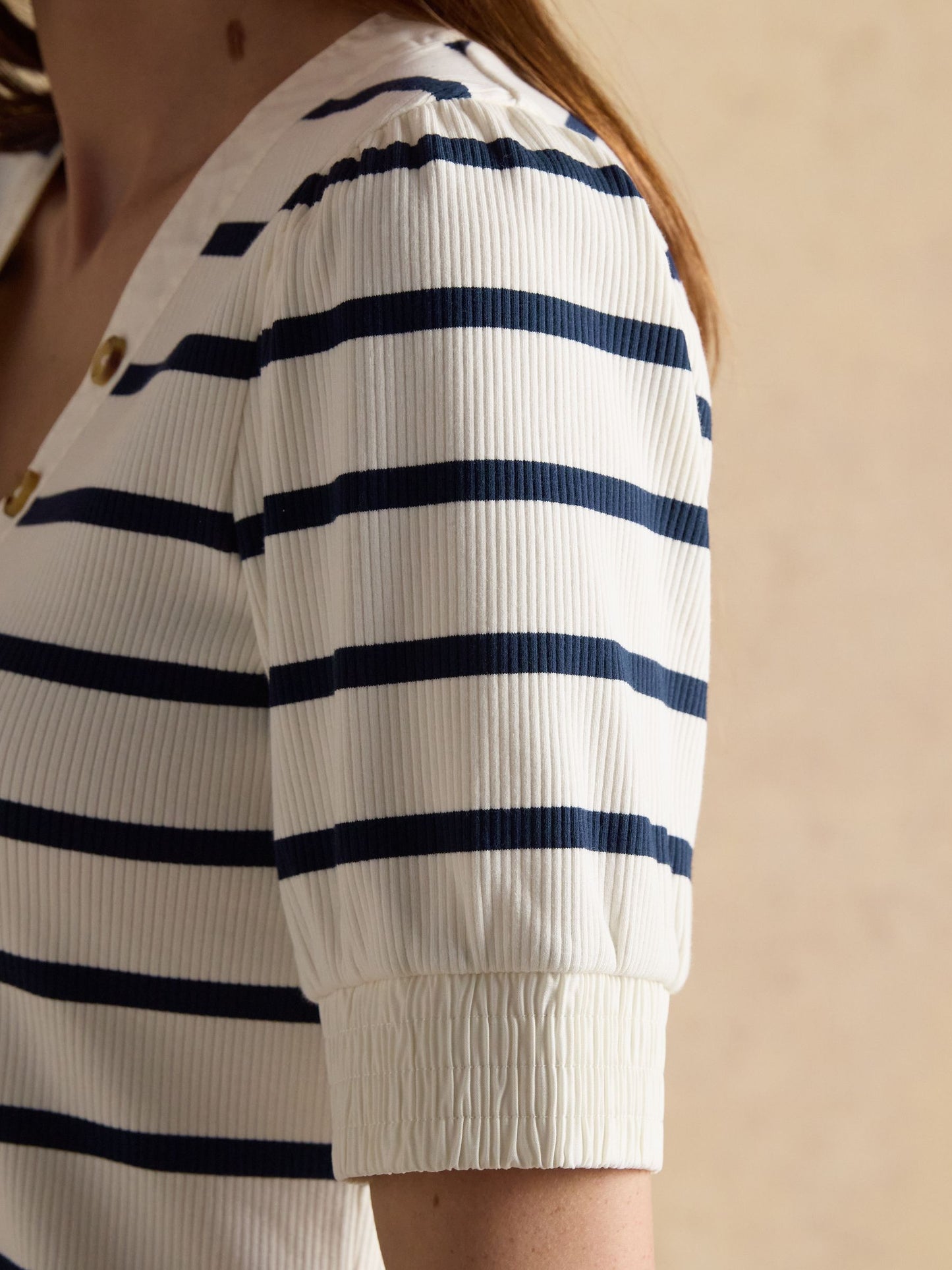 Tabitha Navy Stripe Ribbed V-Neck Jersey Top with Puff Sleeves