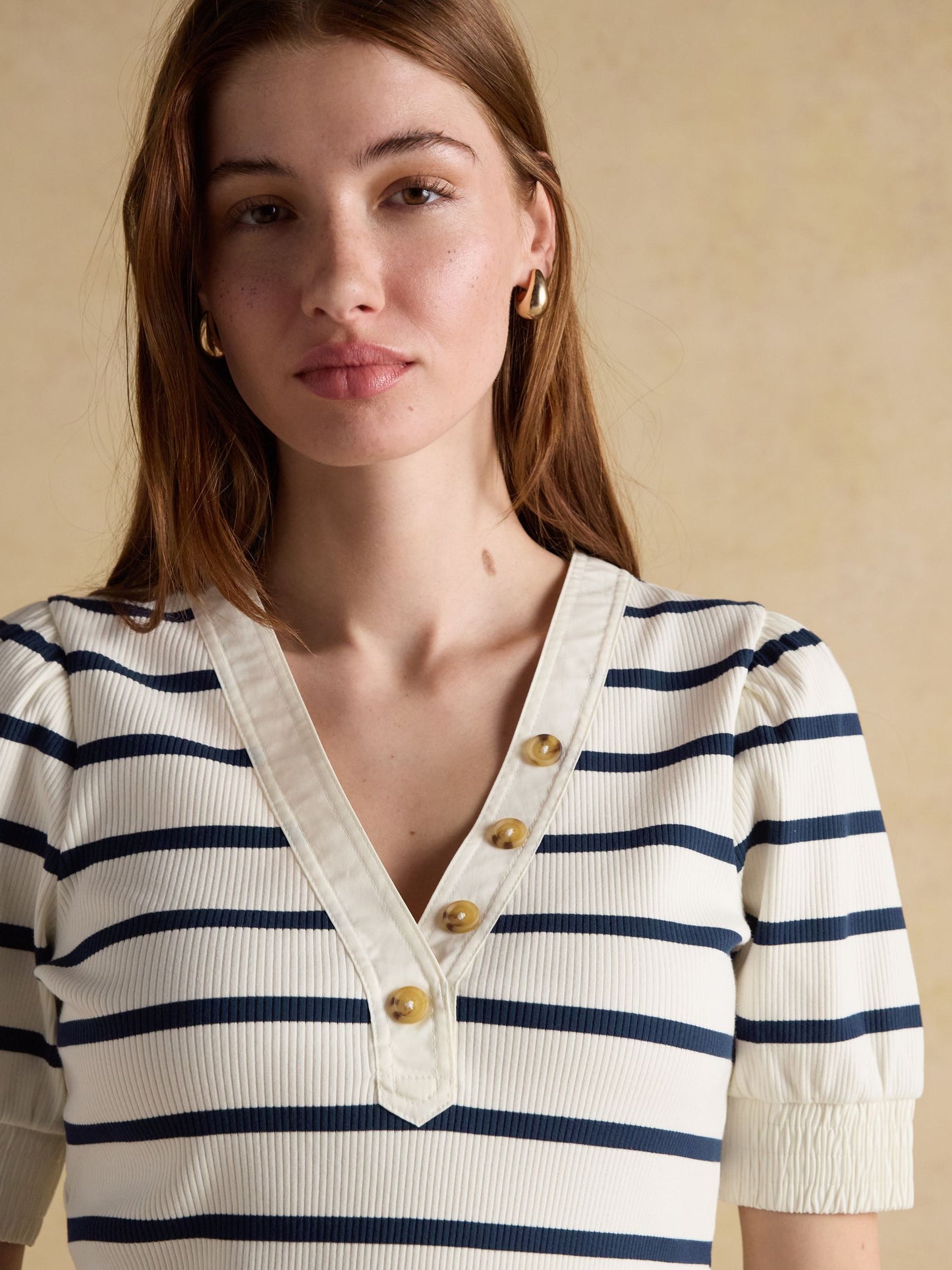Tabitha Navy Stripe Ribbed V-Neck Jersey Top with Puff Sleeves